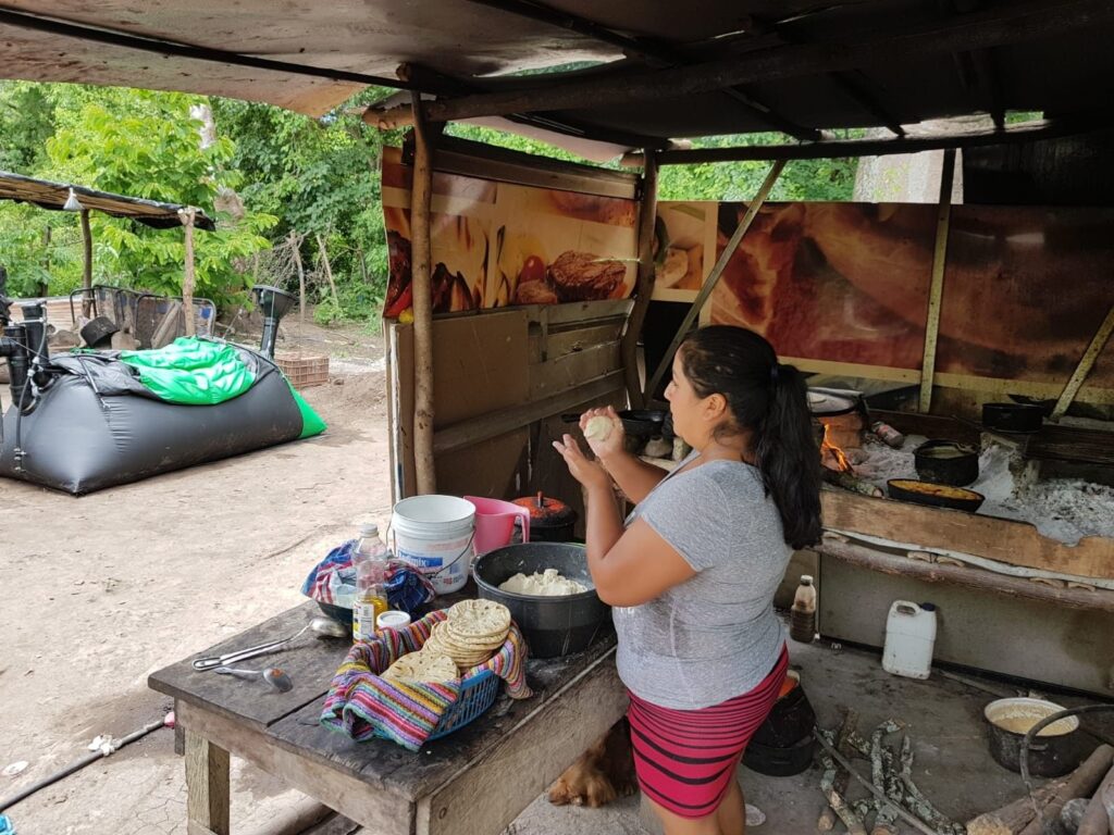A woman prepares food beside a Homebiogas system in Guatemala